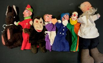 Toys - Puppets, set of four Pelham GL glove puppets, comprising Mr Punch, Judy, Clown and Mr Plod,