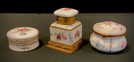 Continental ceramics including; metal bound inkwell with hinged cover, decorated with gilded dots