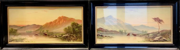 E Ward, a pair, Highland Cattle Loch Landscapes, signed, oils on canvas, 27cm x 57cm, ebonised