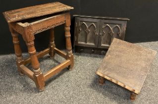 An early 19th century oak joint stool, 55.5cm high x 46cm x 28.5cm; a gothic revival wall