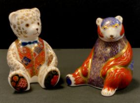 Royal Crown Derby Paperweights - Teddy Bear, gold stopper, another seated Bear, silver stopper (2)