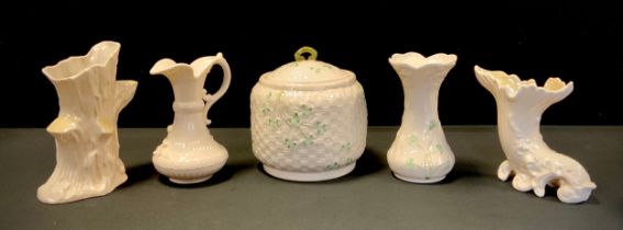Belleek- Shamrock lidded jar, 15cm high, a pair of trunk spill vases, 18cm high; etc (5)
