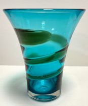 A Mid century glass - a Whitefriars flared conical vase, in kingfisher blue, with green ribbon