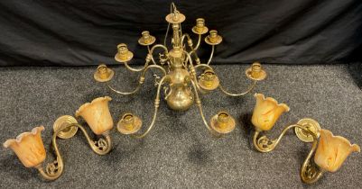 A Dutch style brass nine-branch electro liner / chandelier, 46cm high x 61cm wide; and similar