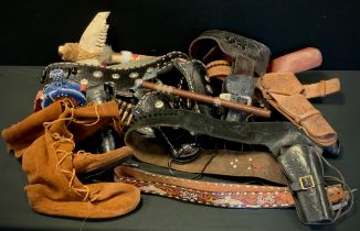 American Wild West re-enactment - five gun belts, holsters, tomahawk/axe, boots, etc qty