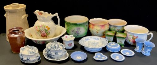 Ceramics - twin handled stoneware vessel,37cm high, Art Nouveau jardinières, wash bowl and jug,