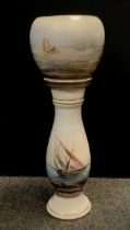 A Hand-painted planter on stand ' Sailors at Sea', signed Arna Palo, 85cm (2)