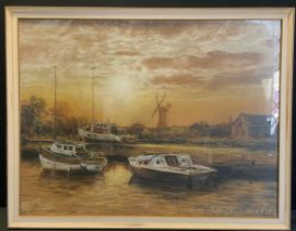 Jeffery Hazelhurst, Windmill and River boats at rest, pastel, signed, dated1872, 55cm x 72cm