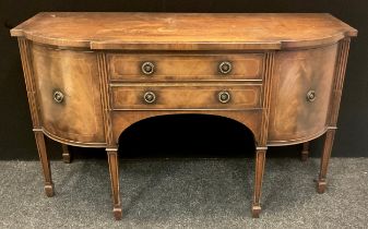 A George III style inlaid mahogany breakfront sideboard, two central drawers, flanked by bowed