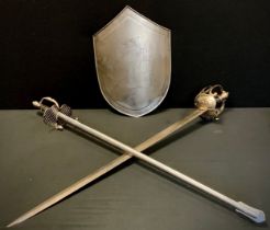 A Reproduction basket hilt sword and shield, another dress sword