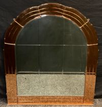 An Art Deco arch-top wall mirror, ‘Peach-coloured’ glass surround, 93cm high x 76.5cm wide.