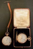 A Waltham gold plated hunter cased pocket watch, another open face, both white enamel dials, stem