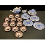 A 19th century Copeland Willow pattern blue and white tea set inc coffee pot, five cups, six