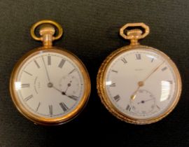 A Waltham giold plated open face pocket watch, white enamel dial, bold Roman numerals, subsidiary