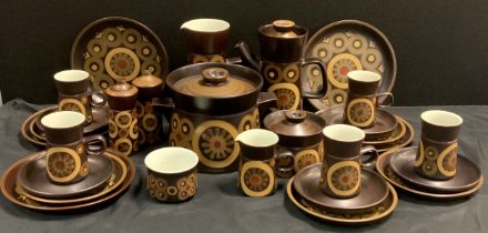 A Denby Arabesque pattern coffee set, inc coffee pot, water jug, five cups, saucers, side plates,