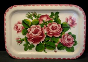 Wemyss Ware ceramic tray, hand-painted with pink roses and a decorative border, 37cm long