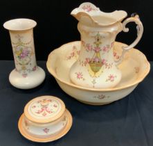 A Edwardian dressing table set including wash bowl and jug, vase and powder bowl with dish, c.1910