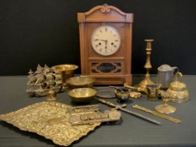 Brass & Copper - a 19th century brass pestle and mortar, pair of bookends, tray, etc, oak clock.