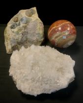 A large Romanian Quartz and Galena specimen section, 29cm long, a Rutland Marble section, tubbed
