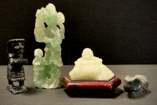 A Chinese carved hardstone figure, Buddha; others Ram, Girl with Child and flowers etc (4)