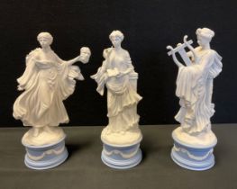 Three Wedgwood Compton and Woodhouse Parian and pale blue jasperware figures, Calliope, Exato,