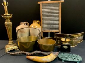 Boxes and Objects - Brass column lamp, 53cm high, jam pans, coffee grinder, washing board, stoneware