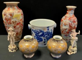 A pair of Noritake globular vases, banded with black and orange flowers, silver grey ground,