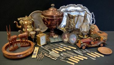 Metalware - copper Samovar, brass tea pot, silver plated trophy's, treen car, bowl etc