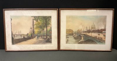 Pictures and Prints - Two Edward King coloured etchings, 'London Bridge', signed and stamped, 28cm x