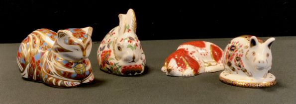 Royal Crown Derby Paperweights - Meadow Rabbit, Poppy, Piglet, all gold stopper, another Cat, silver