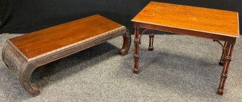 A Chinoiserie carved hardwood low opium table, or coffee table, 28cm high x 92.5cm wide x 40.5cm