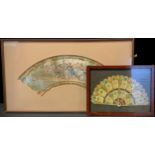 Fan mounted on board with 19th century scene of courting gentleman, 27cm x 51cm, another similar (2)