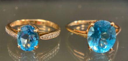 A 9ct gold vibrant Swiss blue stone and diamond dress ring, oval blue stone set between six stoned