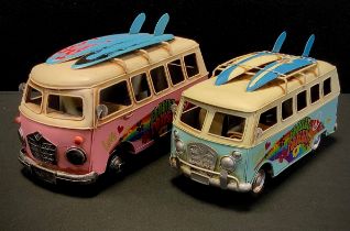 A model VW campervan, pink and white, Love Peace and Flower Power, two surf board roof, 26.5cm long,