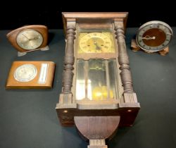 A mid 20th century carved cased mantle clock, others, wall clock, etc (4)