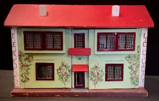 A mid century dolls house, painted green and red, fitted interior, with furniture; etc, 42cm x