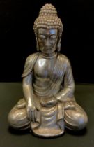 A large Sino-Tibetan style silver coloured figure, seated Buddha, 52cm high.