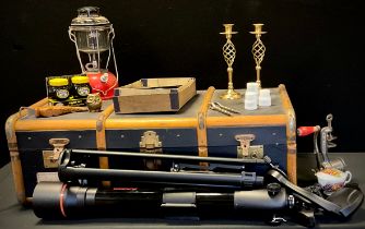 A Tasco telescope, D70-mm, F800mm with stand, Tilley Storm lamp, mincer, travelling trunk, artist