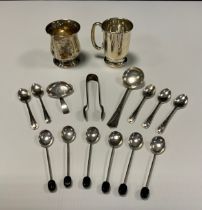 Silver - George III bright cut caddy spoon,c.1803, a set of six enamel coffee bean spoons,c.1948,