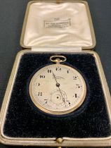 Watches - a 9ct gold cased open face pocket watch, Sir John Bennett Ltd, textured silver dial,