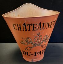 A grape hopper bucket, leather shoulder straps, marked Chateauneuf Du-Pape, 62cm high, 60cm wide.