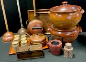 Boxes and Objects - Two large stoneware lidded pots, possibly Brampton 27cm high, oak trays, others;
