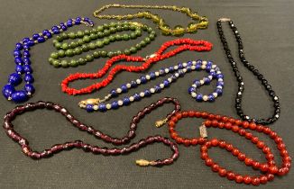 A green stone bead necklace, possibly jade, others coral, cultured pearl and sodalite, amethyst