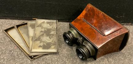 A 19th century finely figured burr walnut stereoscopic viewer, along with a small selection of