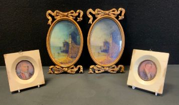 A pair of reproduction George III style portrait miniatures, as Gentlemen, white frames, 11cm