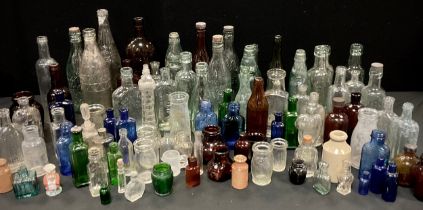 Local Codd and other glass poison bottles etc inc Chas Wright & Son, Wirksworth, Gilour and Co