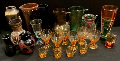 Glass - large water jug, 25cm high, six amber coloured Stuart goblets, hand-blown wine glass,19cm