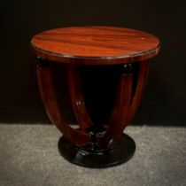 A reproduction Art Deco style occasional table, circular top, cradle-type pedestal base, stepped