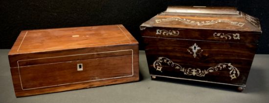 An early Victorian coromandel and mother of pearl marquetry sarcophagus tea caddy, hinged cover