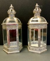 A pair of silver plated crown top hexagonal lanterns, approx 75cm high, 28cm wide, (2)